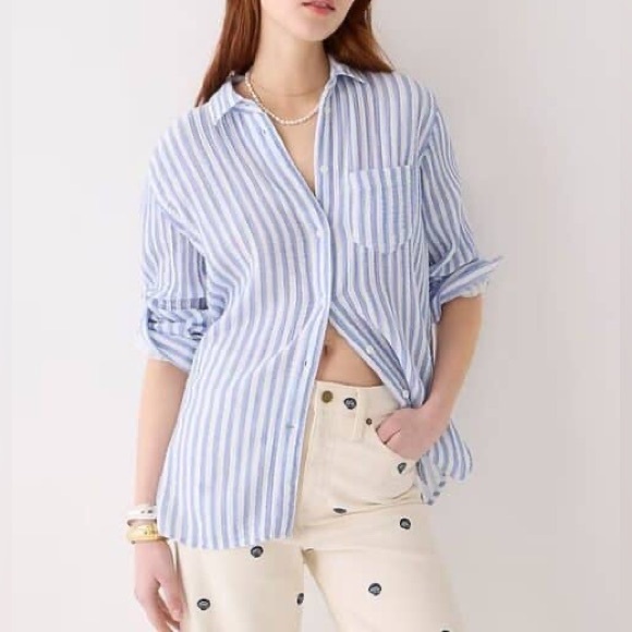 J.Crew women’s boy style shirt in cotton soft gauze blue & white stripes - Sz 4 - Picture 7 of 7
